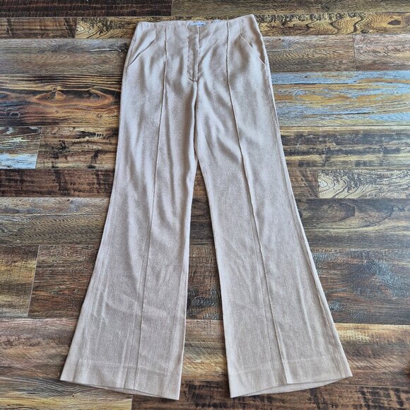 Veronica Beard Komi Flared Seamed Linen-Blend Pants High Rise Pocket Sand - Picture 4 of 13